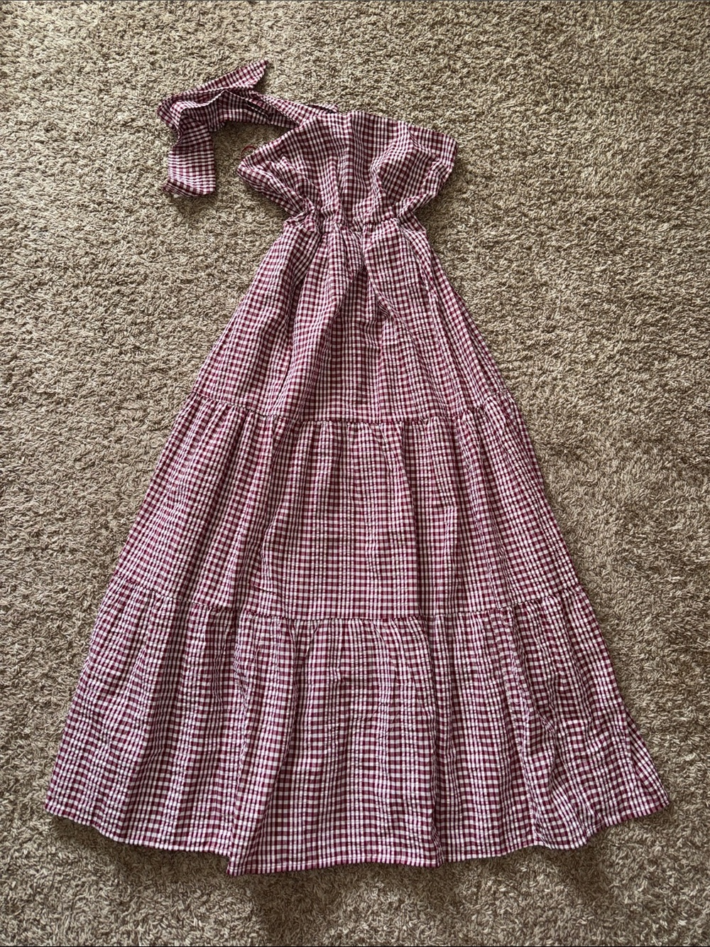 Fashion Nova Red Gingham Tiered Tie Back Maxi Dress